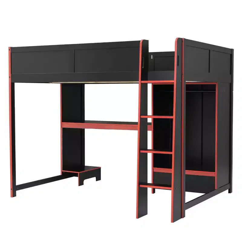 Luxystar Full Size Wood Gaming Loft Bed with Built-in Desk, Wardrobe, LED and Drawer, Black+Red