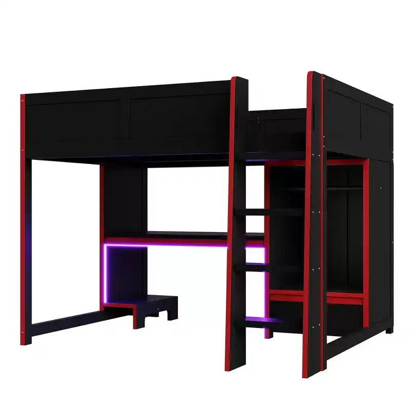 Luxystar Full Size Wood Gaming Loft Bed with Built-in Desk, Wardrobe, LED and Drawer, Black+Red