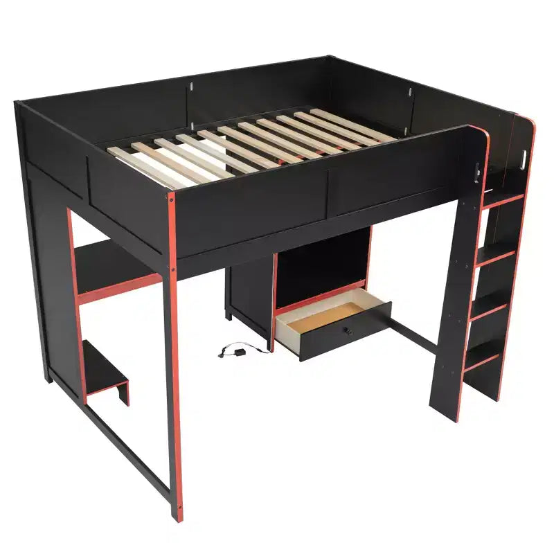 Luxystar Full Size Wood Gaming Loft Bed with Built-in Desk, Wardrobe, LED and Drawer, Black+Red