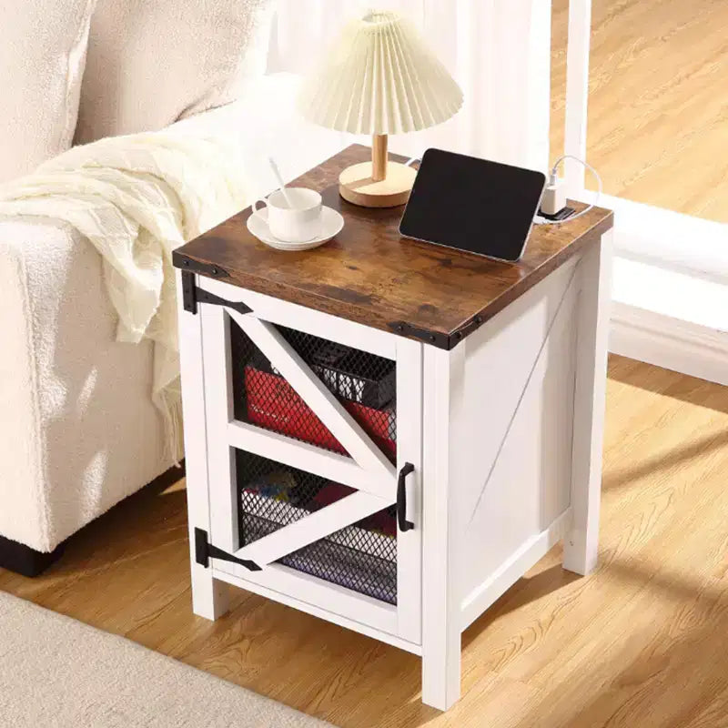 Farmhouse Nightstand with Charging Station, Wood Side Table, End Table with Adjustable Shelf, Rustic Bedside Cabinet with Mesh Barn Door