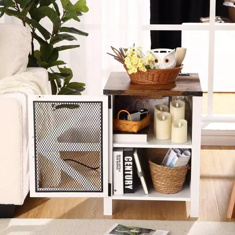 Farmhouse Nightstand with Charging Station, Wood Side Table, End Table with Adjustable Shelf, Rustic Bedside Cabinet with Mesh Barn Door