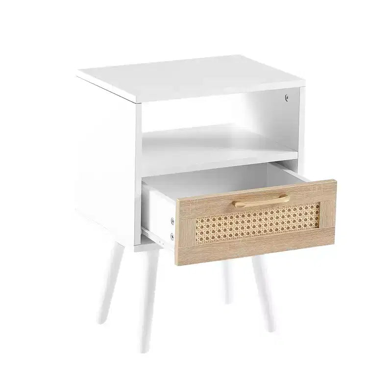 TUYOHW 15.75 Rattan Nightstand with Woven Drawer,Accent End Table with Open Shelf,Wood Side Table for Living Room,Bedroom