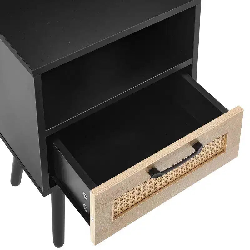 TUYOHW 15.75 Rattan Nightstand with Woven Drawer,Accent End Table with Open Shelf,Wood Side Table for Living Room,Bedroom