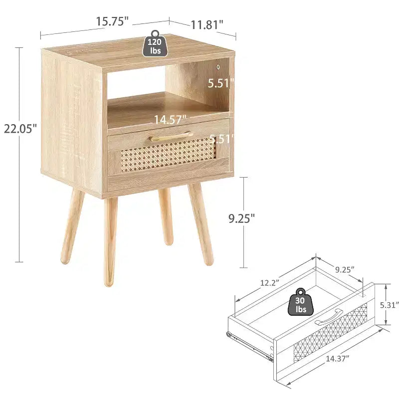 TUYOHW 15.75 Rattan Nightstand with Woven Drawer,Accent End Table with Open Shelf,Wood Side Table for Living Room,Bedroom