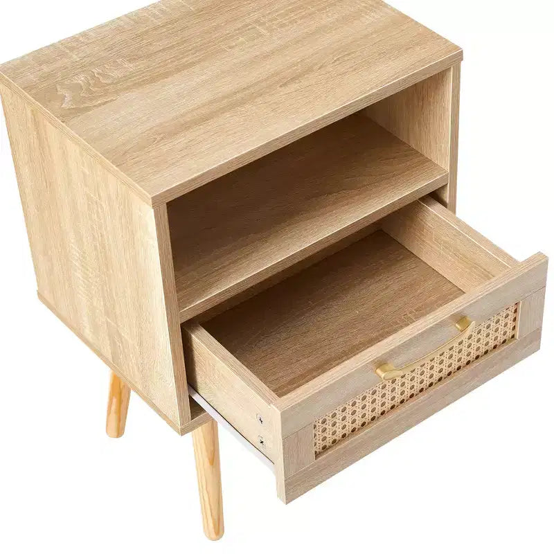 TUYOHW 15.75 Rattan Nightstand with Woven Drawer,Accent End Table with Open Shelf,Wood Side Table for Living Room,Bedroom