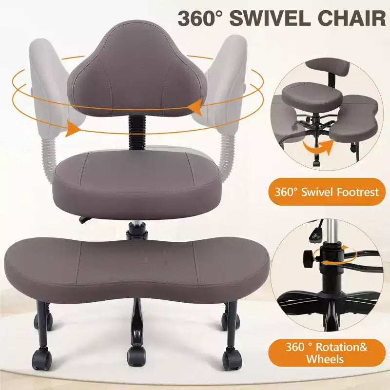 KERDOM Cross-Leg Office Chair, ADHD Meditation Kneeling Yoga Chair, Height Adjustable, with Lumbar Support, Widened Footrest and Wheels, Black