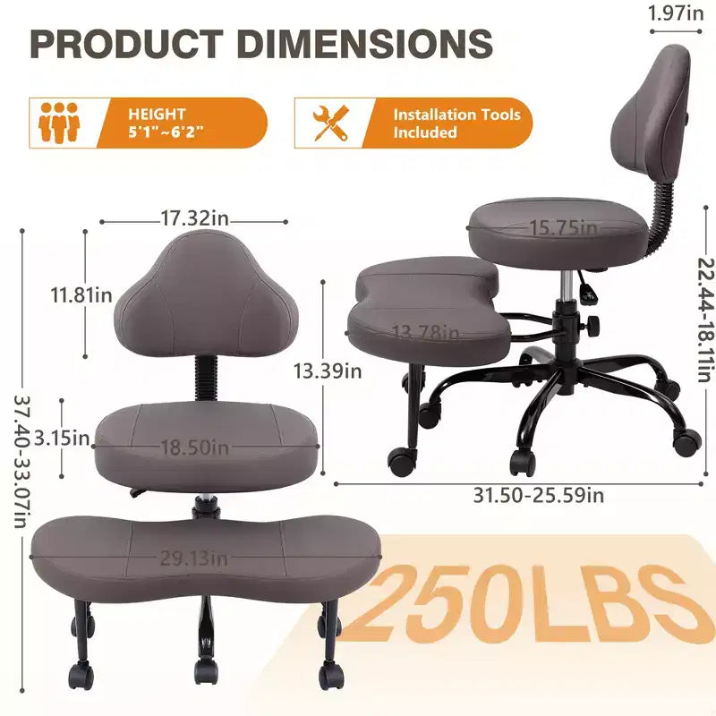 KERDOM Cross-Leg Office Chair, ADHD Meditation Kneeling Yoga Chair, Height Adjustable, with Lumbar Support, Widened Footrest and Wheels, Black