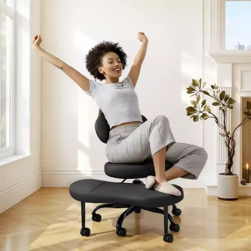 KERDOM Cross-Leg Office Chair, ADHD Meditation Kneeling Yoga Chair, Height Adjustable, with Lumbar Support, Widened Footrest and Wheels, Black