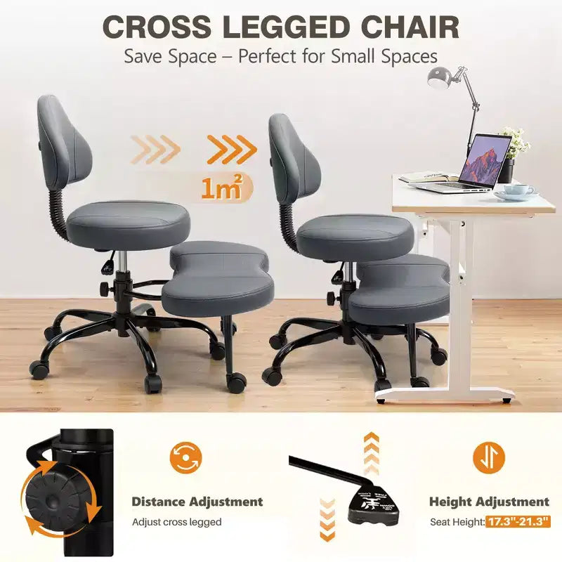 KERDOM Cross-Leg Office Chair, ADHD Meditation Kneeling Yoga Chair, Height Adjustable, with Lumbar Support, Widened Footrest and Wheels, Black