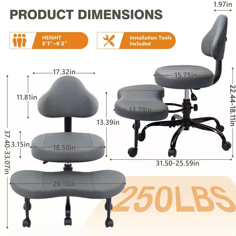 KERDOM Cross-Leg Office Chair, ADHD Meditation Kneeling Yoga Chair, Height Adjustable, with Lumbar Support, Widened Footrest and Wheels, Black