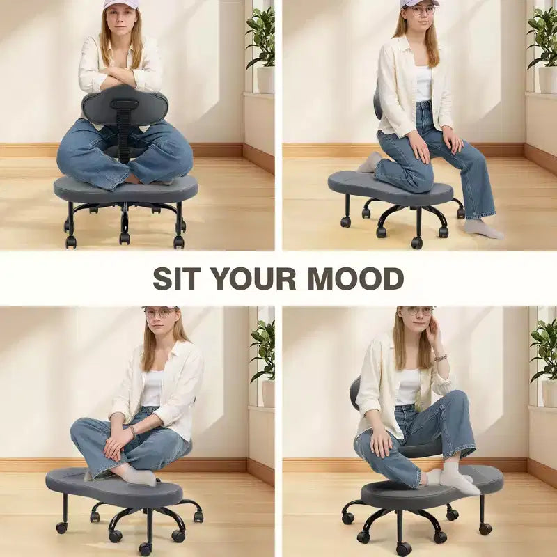 KERDOM Cross-Leg Office Chair, ADHD Meditation Kneeling Yoga Chair, Height Adjustable, with Lumbar Support, Widened Footrest and Wheels, Black