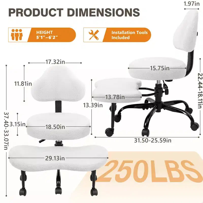 KERDOM Cross-Leg Office Chair, ADHD Meditation Kneeling Yoga Chair, Height Adjustable, with Lumbar Support, Widened Footrest and Wheels, Black