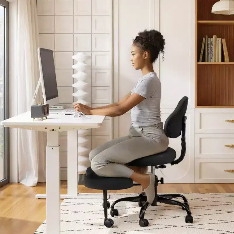 KERDOM Cross-Leg Office Chair, ADHD Meditation Kneeling Yoga Chair, Height Adjustable, with Lumbar Support, Widened Footrest and Wheels, Black