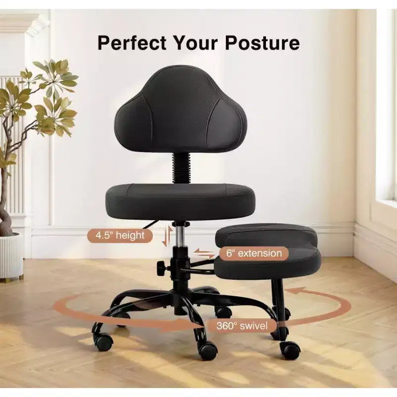 KERDOM Cross-Leg Office Chair, ADHD Meditation Kneeling Yoga Chair, Height Adjustable, with Lumbar Support, Widened Footrest and Wheels, Black