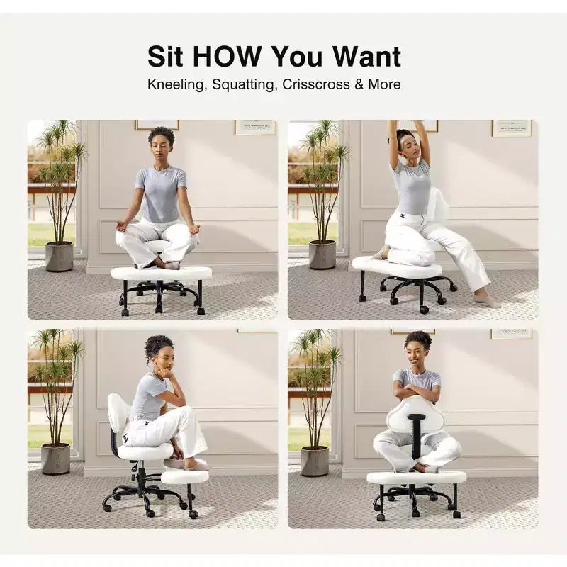KERDOM Cross-Leg Office Chair, ADHD Meditation Kneeling Yoga Chair, Height Adjustable, with Lumbar Support, Widened Footrest and Wheels, Black