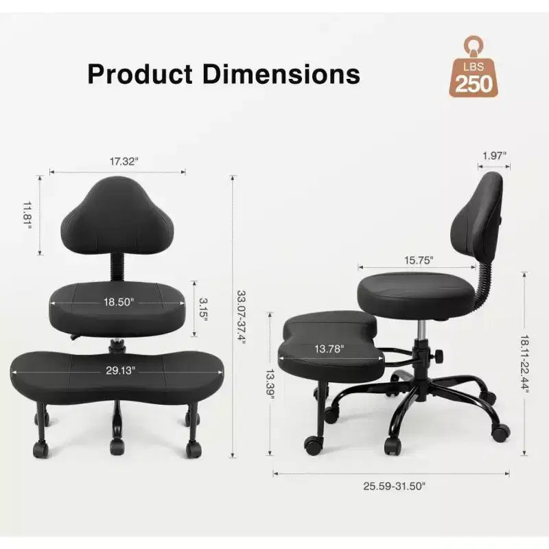 KERDOM Cross-Leg Office Chair, ADHD Meditation Kneeling Yoga Chair, Height Adjustable, with Lumbar Support, Widened Footrest and Wheels, Black