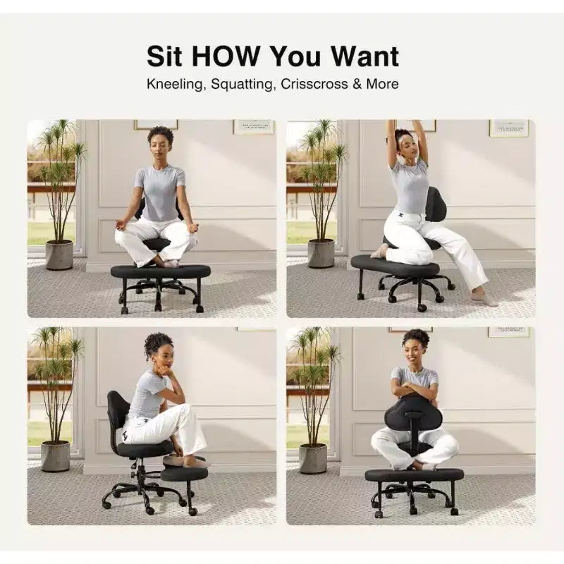 KERDOM Cross-Leg Office Chair, ADHD Meditation Kneeling Yoga Chair, Height Adjustable, with Lumbar Support, Widened Footrest and Wheels, Black