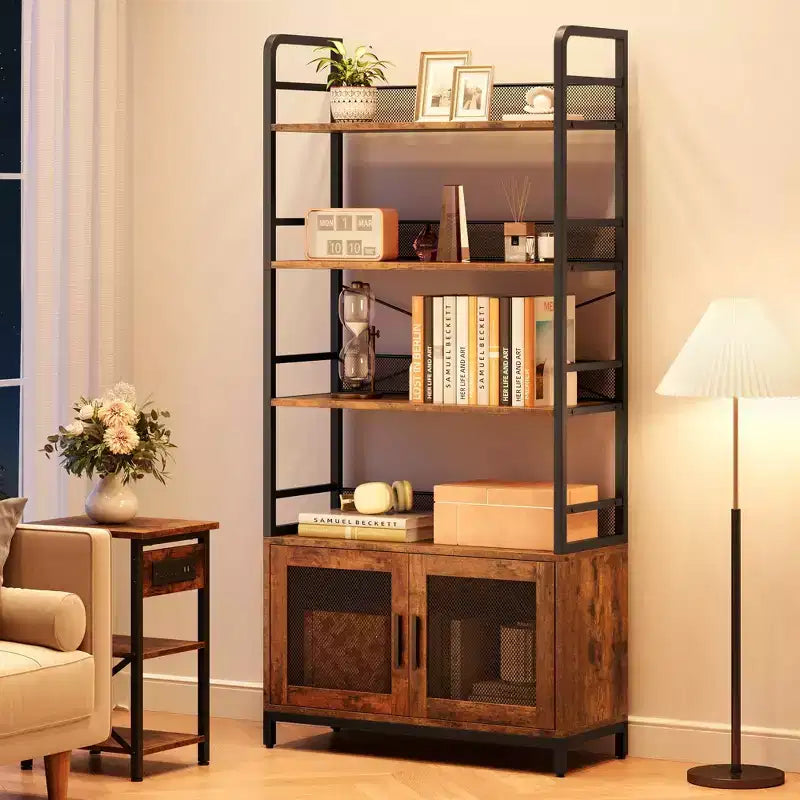Industrial Bookshelf with Mesh Doors, 4-Tier Storage Bookcase with Open Shelves for Living Room, Bedroom, Home Office, Rustic Farmhouse Brown
