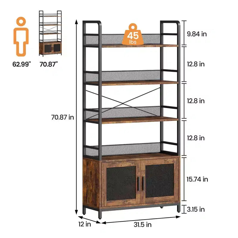 Industrial Bookshelf with Mesh Doors, 4-Tier Storage Bookcase with Open Shelves for Living Room, Bedroom, Home Office, Rustic Farmhouse Brown