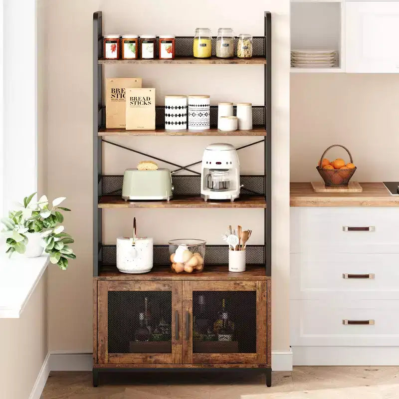 Industrial Bookshelf with Mesh Doors, 4-Tier Storage Bookcase with Open Shelves for Living Room, Bedroom, Home Office, Rustic Farmhouse Brown