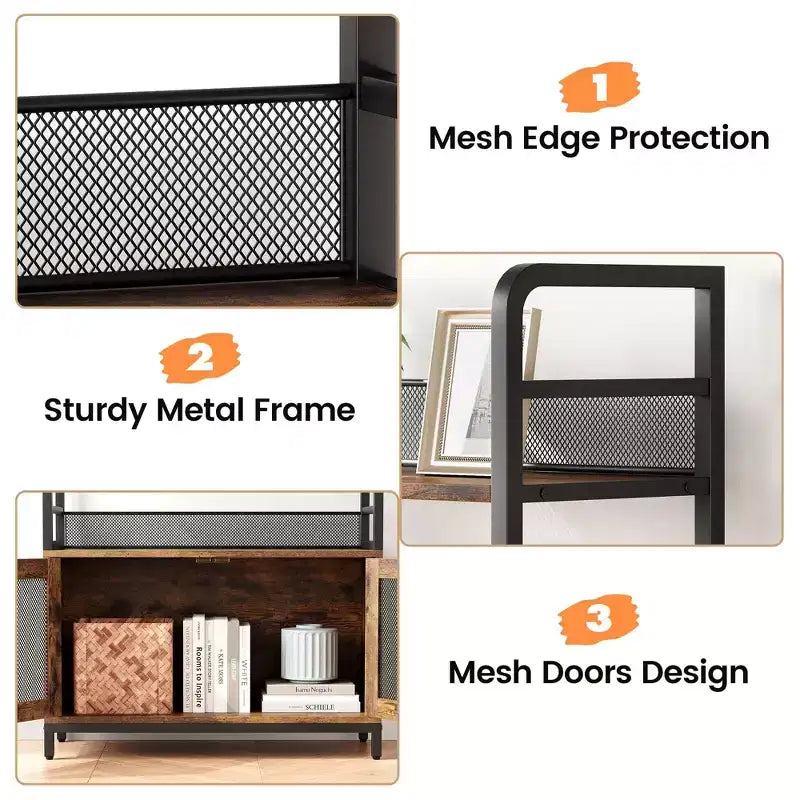 Industrial Bookshelf with Mesh Doors, 4-Tier Storage Bookcase with Open Shelves for Living Room, Bedroom, Home Office, Rustic Farmhouse Brown