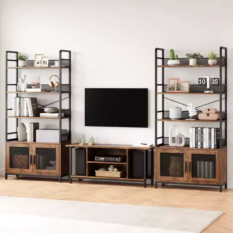 Industrial Bookshelf with Mesh Doors, 4-Tier Storage Bookcase with Open Shelves for Living Room, Bedroom, Home Office, Rustic Farmhouse Brown