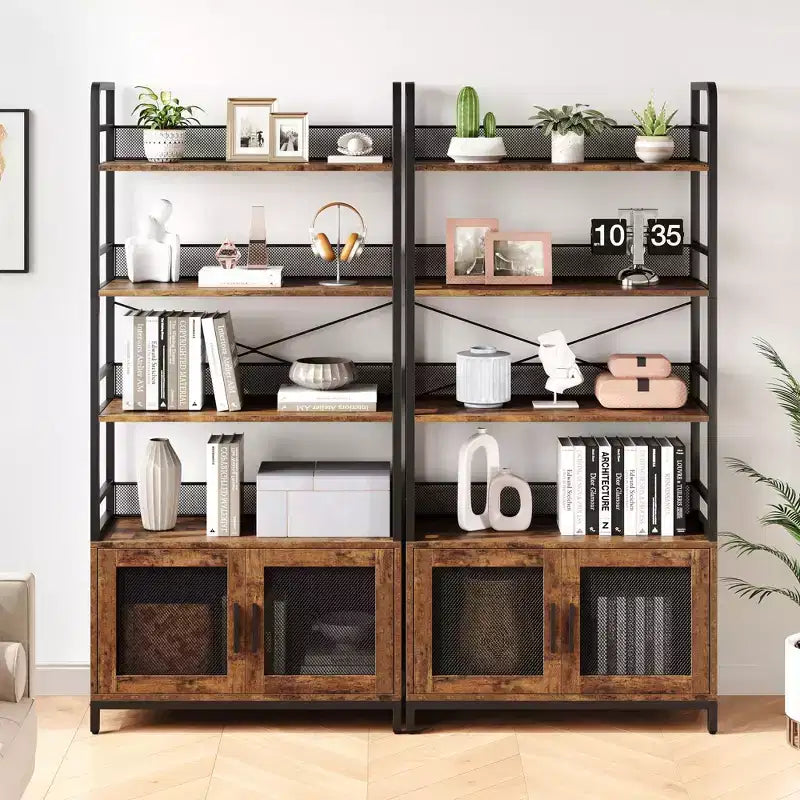 Industrial Bookshelf with Mesh Doors, 4-Tier Storage Bookcase with Open Shelves for Living Room, Bedroom, Home Office, Rustic Farmhouse Brown
