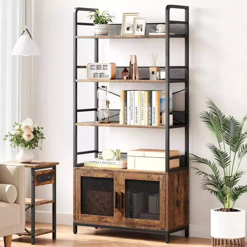 Industrial Bookshelf with Mesh Doors, 4-Tier Storage Bookcase with Open Shelves for Living Room, Bedroom, Home Office, Rustic Farmhouse Brown