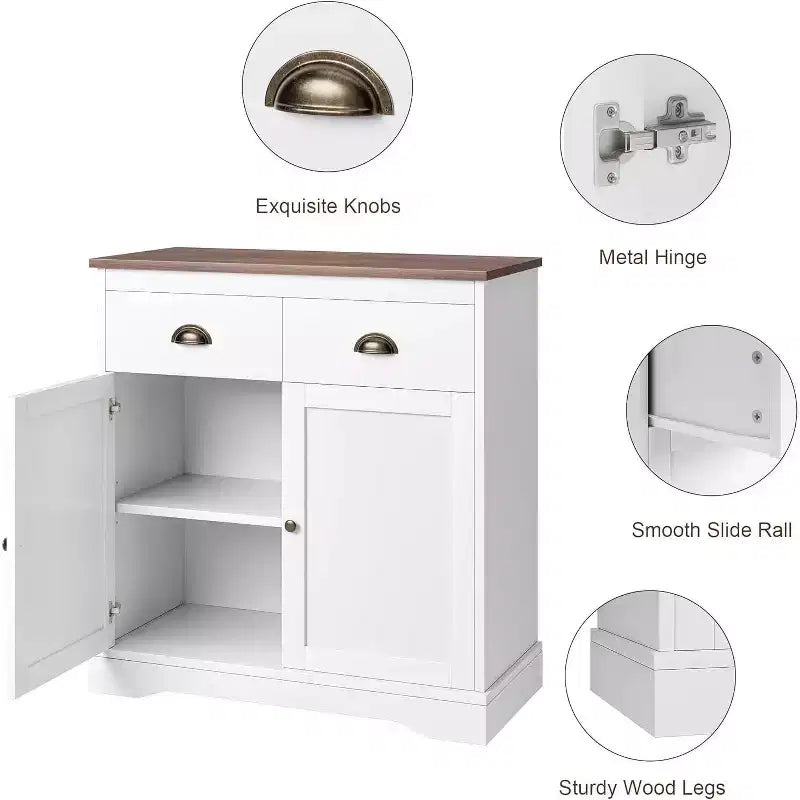 Farmhouse White Buffet Cabinet with Storage, Kitchen Sideboard with 2 Doors and 2 Drawers, Wooden Coffee Bar Cabinet for Dining Room, Living Room