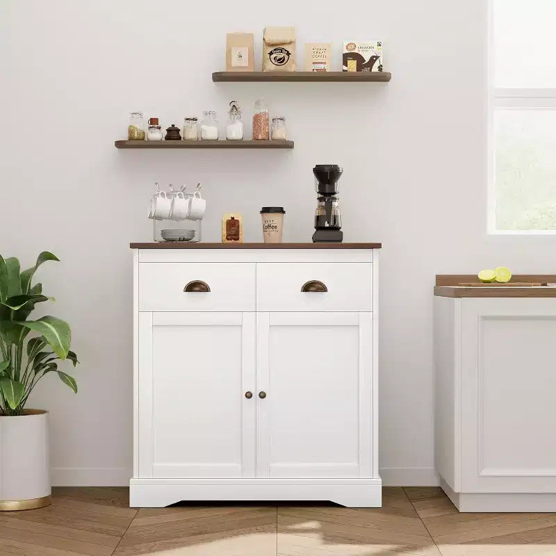 Farmhouse White Buffet Cabinet with Storage, Kitchen Sideboard with 2 Doors and 2 Drawers, Wooden Coffee Bar Cabinet for Dining Room, Living Room