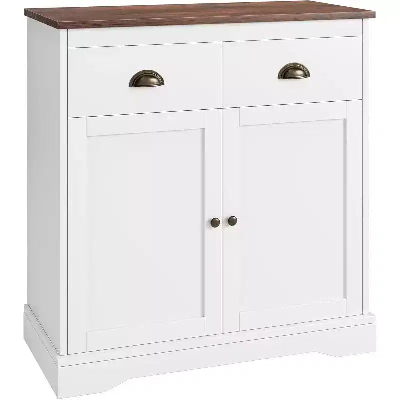 Farmhouse White Buffet Cabinet with Storage, Kitchen Sideboard with 2 Doors and 2 Drawers, Wooden Coffee Bar Cabinet for Dining Room, Living Room