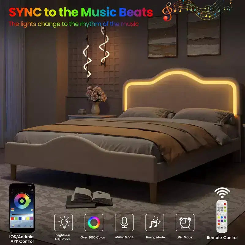 All Size Bed Frame with Adjustable LED Headboard and Footboard, Velvet Upholstered Princess Platform Bedframe for Kids, No Box Spring Needed