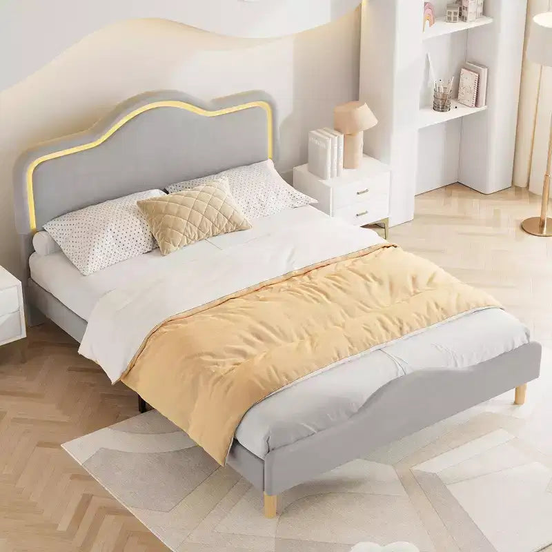 All Size Bed Frame with Adjustable LED Headboard and Footboard, Velvet Upholstered Princess Platform Bedframe for Kids, No Box Spring Needed