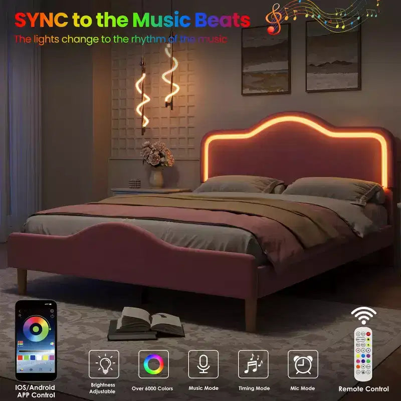 All Size Bed Frame with Adjustable LED Headboard and Footboard, Velvet Upholstered Princess Platform Bedframe for Kids, No Box Spring Needed