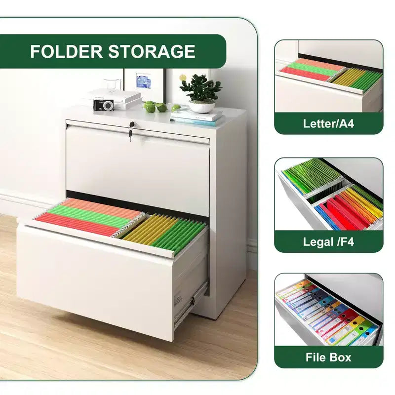 VIYET 27 2-Drawer Lateral File Cabinet with Lock - White Steel Filing Cabinet for Letter/Legal/A4 Files, Modern Home Office