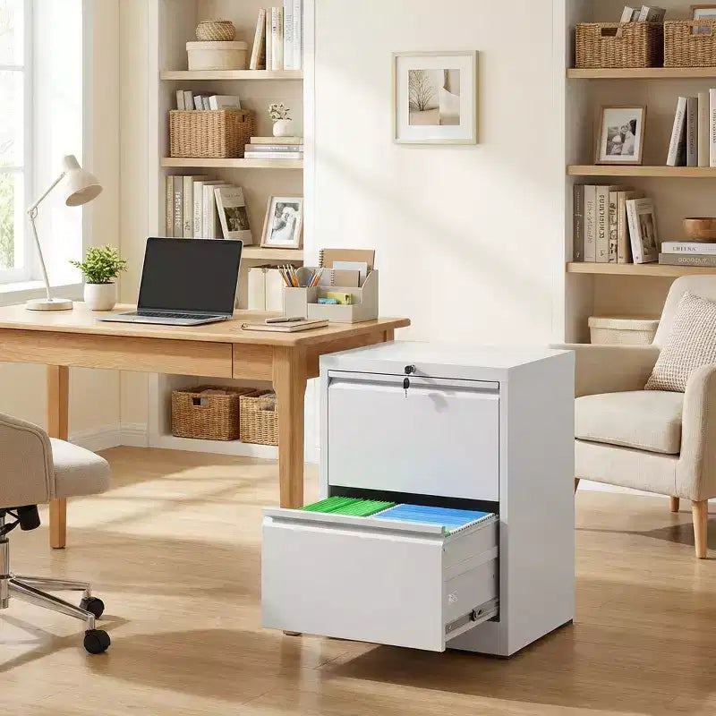 VIYET 27 2-Drawer Lateral File Cabinet with Lock - White Steel Filing Cabinet for Letter/Legal/A4 Files, Modern Home Office