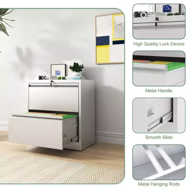 VIYET 27 2-Drawer Lateral File Cabinet with Lock - White Steel Filing Cabinet for Letter/Legal/A4 Files, Modern Home Office