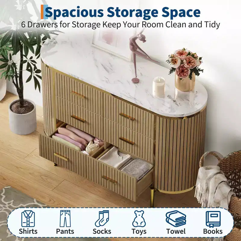 Fluted 6 Drawer Dresser for Bedroom, 59in Large Mid Century Modern Wooden Chest Dresser TV Stand with Curved Profile Design for Closet Hallway