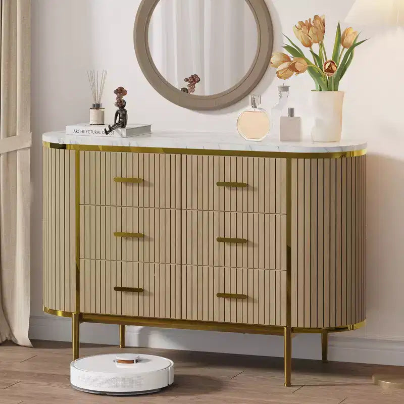 Fluted 6 Drawer Dresser for Bedroom, 59in Large Mid Century Modern Wooden Chest Dresser TV Stand with Curved Profile Design for Closet Hallway