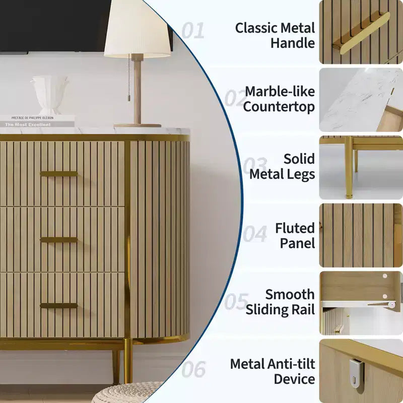 Fluted 6 Drawer Dresser for Bedroom, 59in Large Mid Century Modern Wooden Chest Dresser TV Stand with Curved Profile Design for Closet Hallway