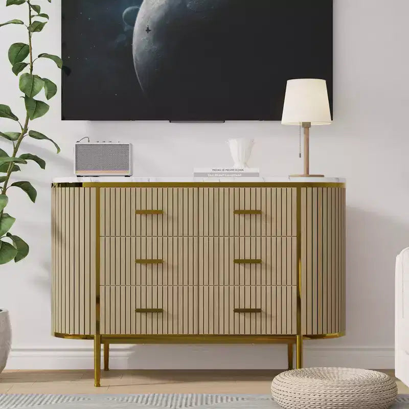Fluted 6 Drawer Dresser for Bedroom, 59in Large Mid Century Modern Wooden Chest Dresser TV Stand with Curved Profile Design for Closet Hallway