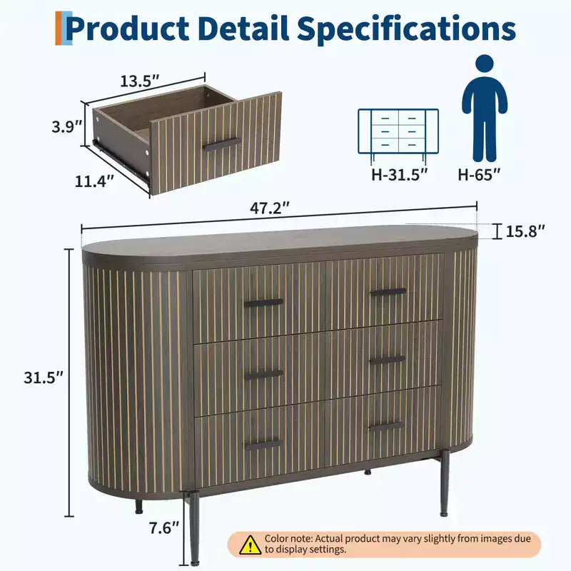 Fluted 6 Drawer Dresser for Bedroom, 59in Large Mid Century Modern Wooden Chest Dresser TV Stand with Curved Profile Design for Closet Hallway