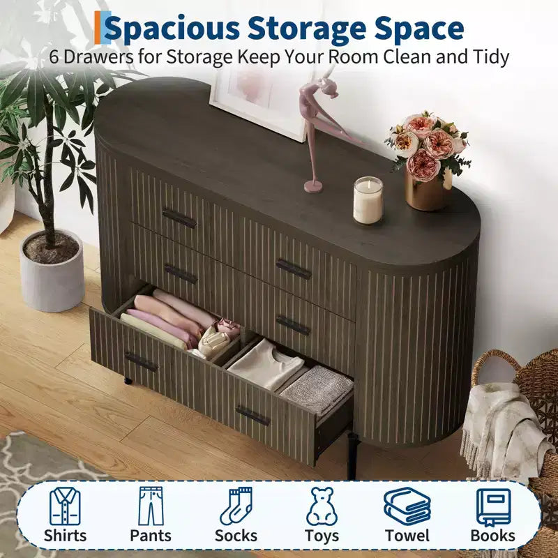 Fluted 6 Drawer Dresser for Bedroom, 59in Large Mid Century Modern Wooden Chest Dresser TV Stand with Curved Profile Design for Closet Hallway
