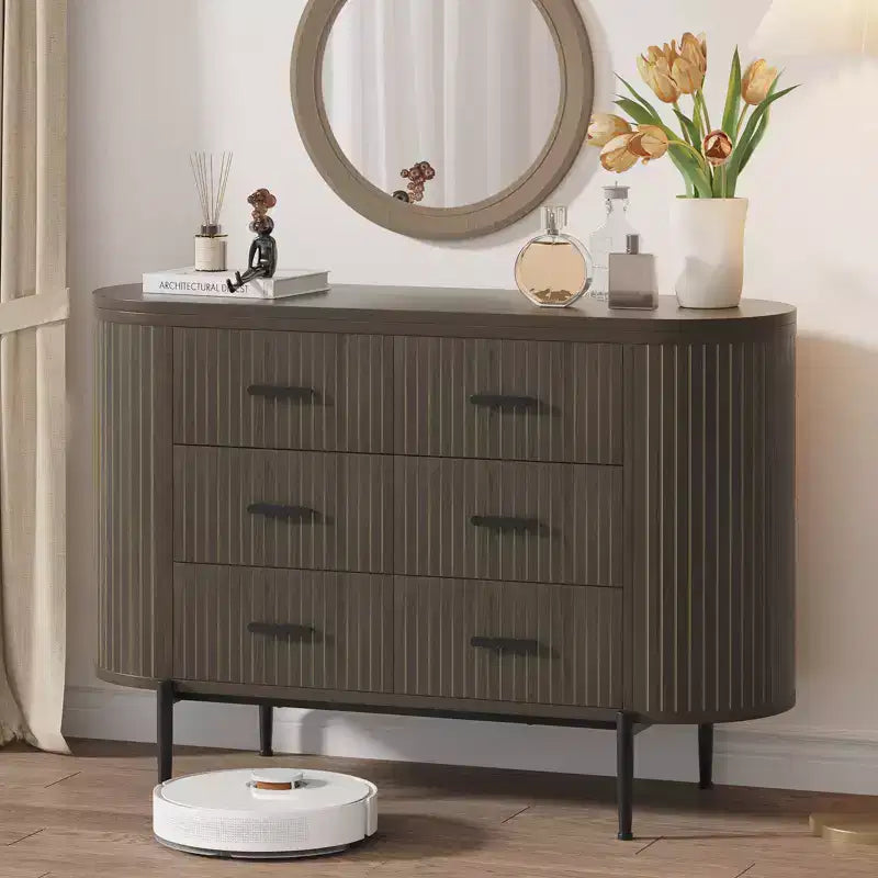 Fluted 6 Drawer Dresser for Bedroom, 59in Large Mid Century Modern Wooden Chest Dresser TV Stand with Curved Profile Design for Closet Hallway