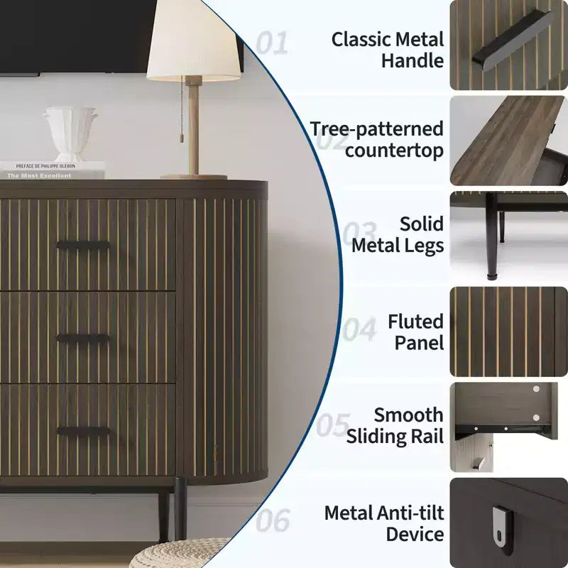 Fluted 6 Drawer Dresser for Bedroom, 59in Large Mid Century Modern Wooden Chest Dresser TV Stand with Curved Profile Design for Closet Hallway