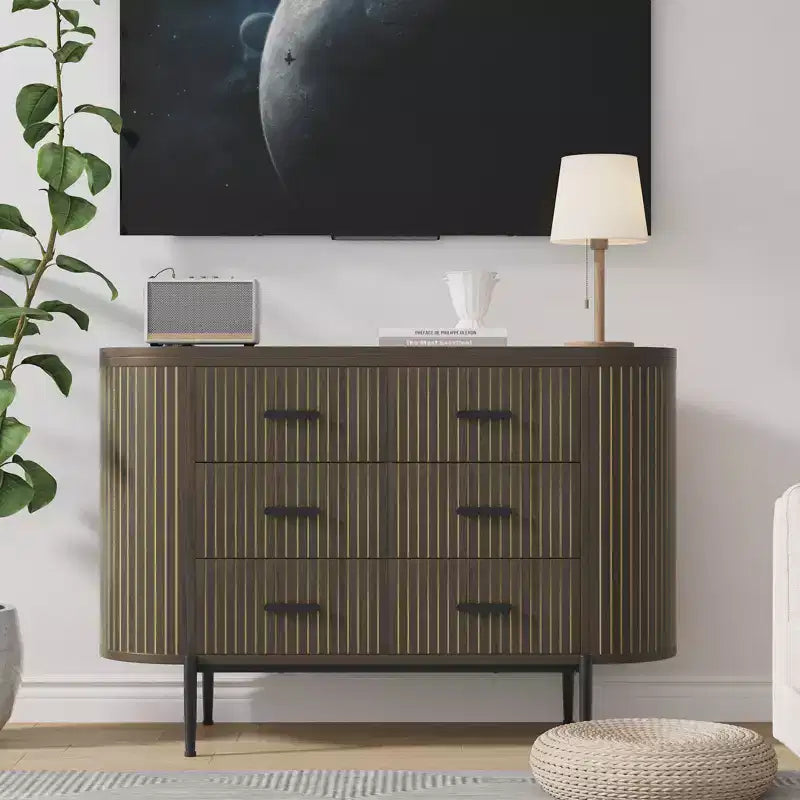 Fluted 6 Drawer Dresser for Bedroom, 59in Large Mid Century Modern Wooden Chest Dresser TV Stand with Curved Profile Design for Closet Hallway