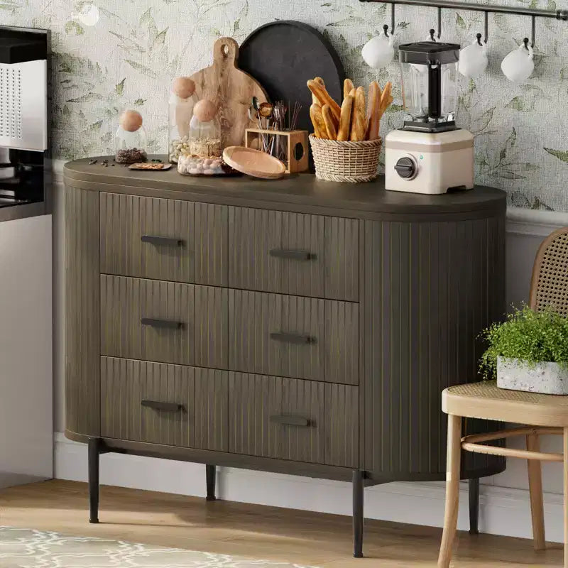 Fluted 6 Drawer Dresser for Bedroom, 59in Large Mid Century Modern Wooden Chest Dresser TV Stand with Curved Profile Design for Closet Hallway