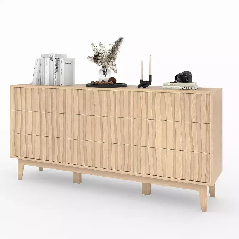 Fluted 6 Drawer Dresser for Bedroom, 59in Large Mid Century Modern Wooden Chest Dresser TV Stand with Curved Profile Design for Closet Hallway