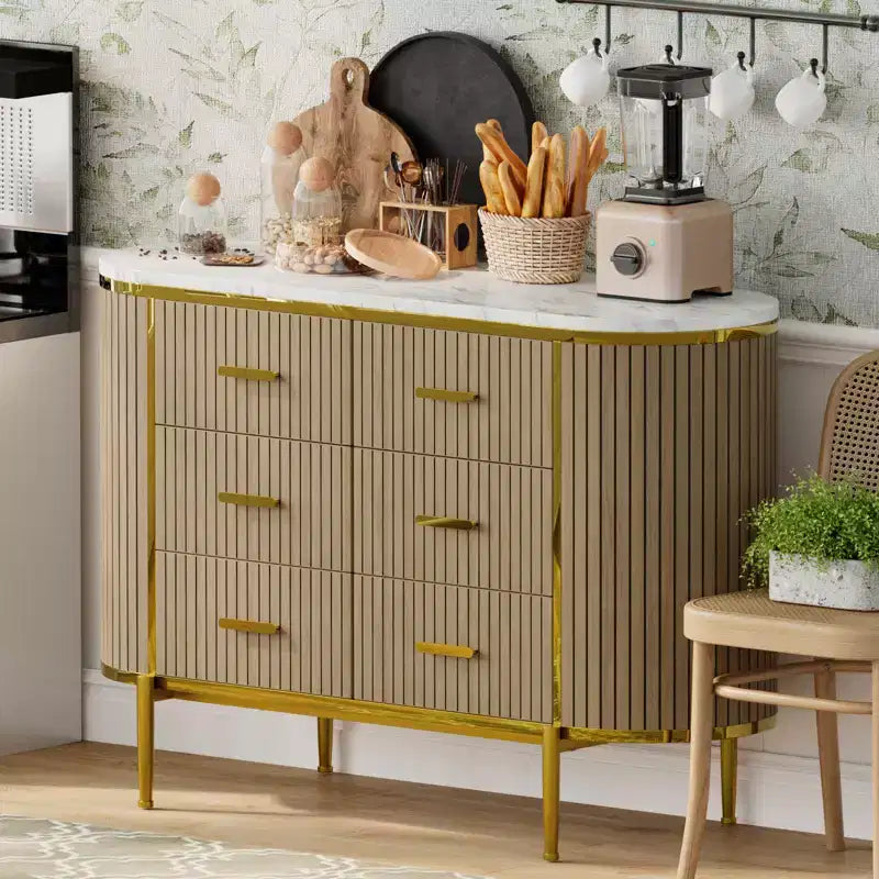Fluted 6 Drawer Dresser for Bedroom, 59in Large Mid Century Modern Wooden Chest Dresser TV Stand with Curved Profile Design for Closet Hallway