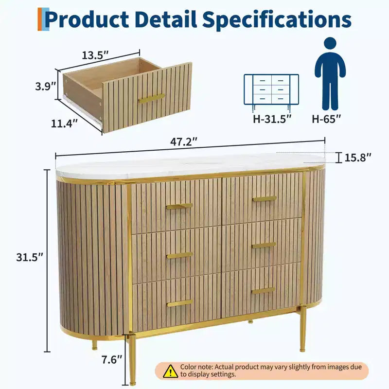 Fluted 6 Drawer Dresser for Bedroom, 59in Large Mid Century Modern Wooden Chest Dresser TV Stand with Curved Profile Design for Closet Hallway